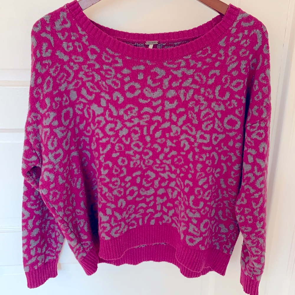 Free People Cool Cat Purple Leopard Print Sweater Size S